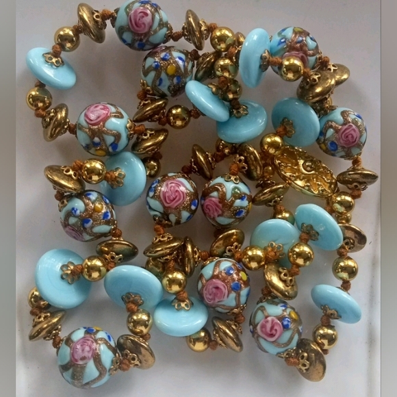 Wedding Cake Robin Egg Blue Glass Beaded Gold Tone Vtg 28" GORGEOUS Necklace - Picture 10 of 15